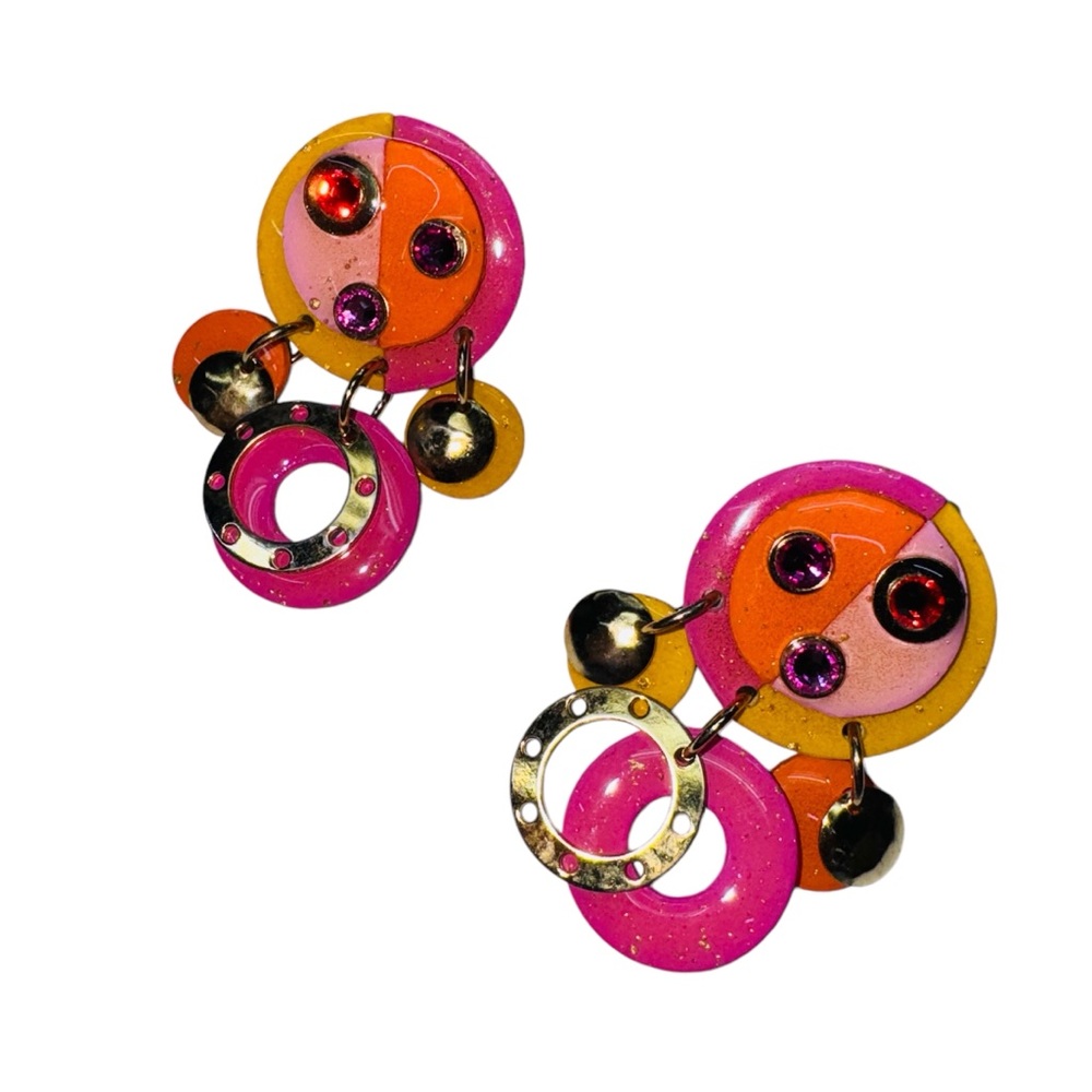 MAM VINTAGE 80’s CLIP EARRINGS PINK YELLOW AND ORANGE WITH CRYSTAL GOLD ACCENTS